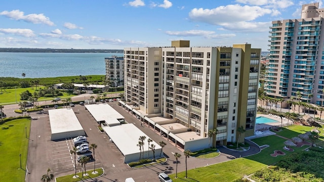 exterior space with a water view