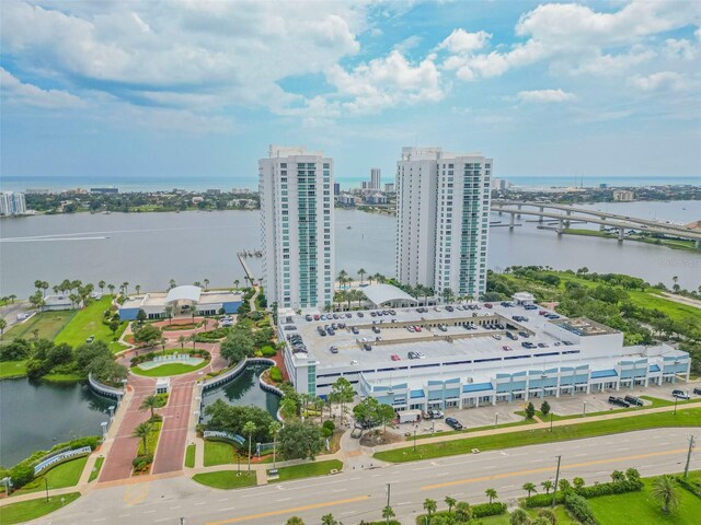 drone / aerial view featuring a water view