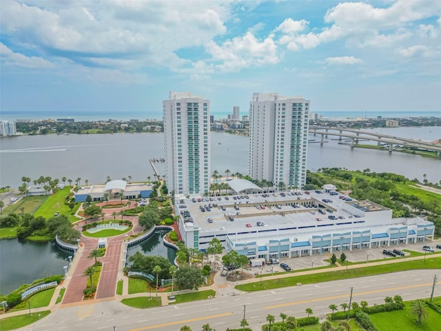 aerial view with a water view and a city view