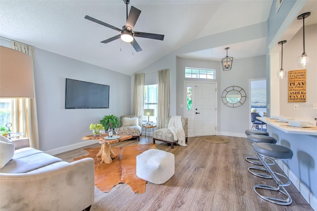 living room with hardwood / wood-style floors, lofted ceiling, and ceiling fan