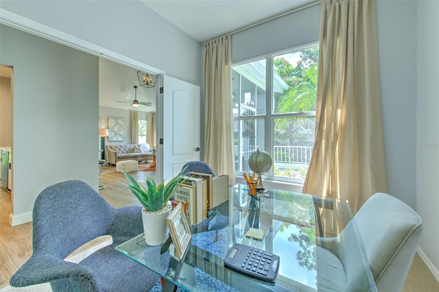 dining area with ceiling fan and wood-type flooring