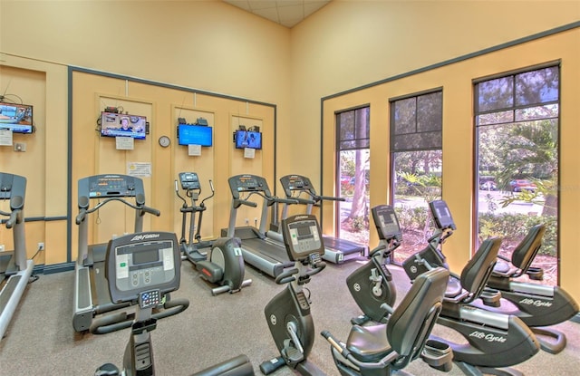 workout area featuring a drop ceiling