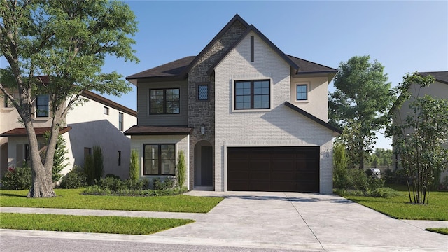 view of front of house with a front lawn and a garage