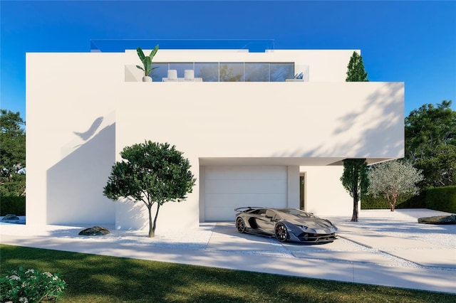 exterior space with a garage, concrete driveway, and stucco siding