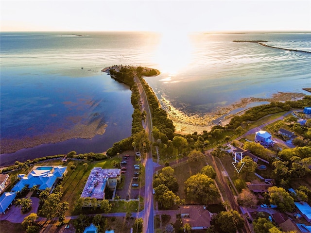 drone / aerial view featuring a water view and a view of the beach