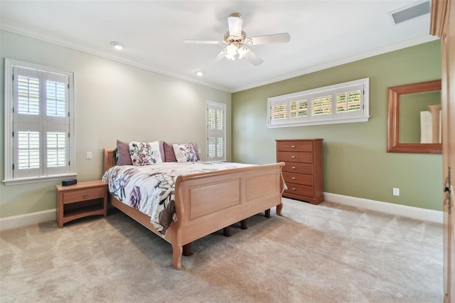 bedroom with baseboards, ceiling fan, ornamental molding, and light colored carpet