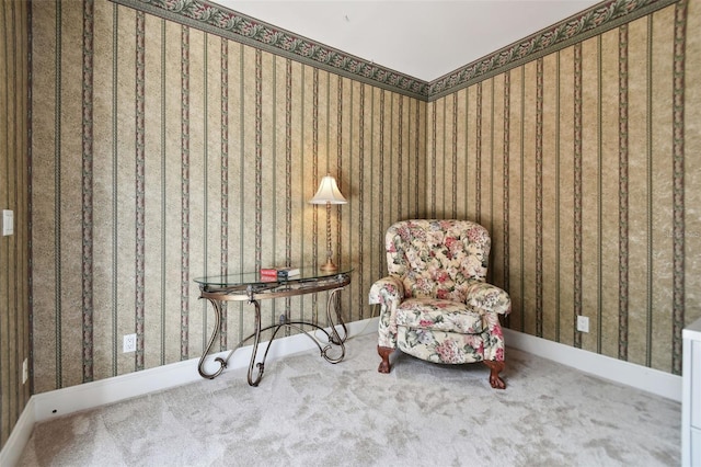 unfurnished room with carpet, baseboards, and wallpapered walls