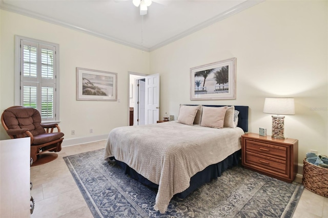 bedroom with light tile patterned flooring, crown molding, baseboards, and ceiling fan