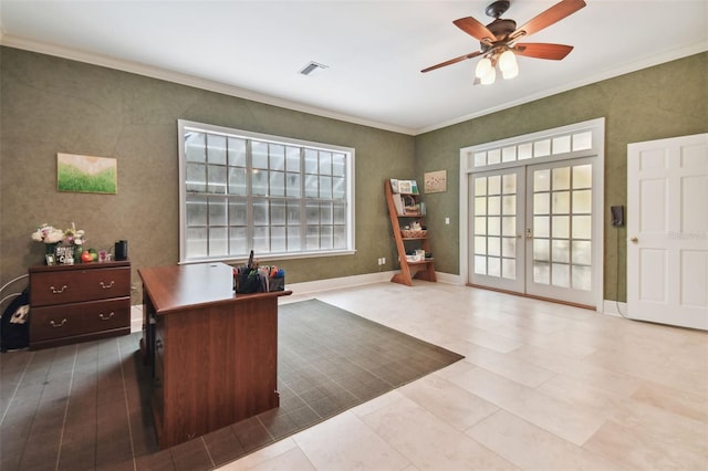 office with ceiling fan, crown molding, and french doors