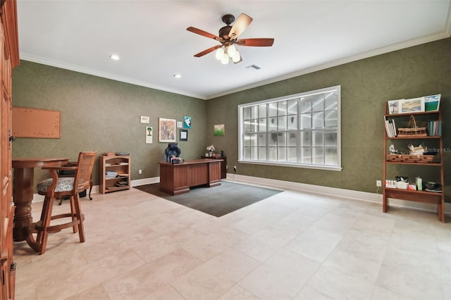 tiled home office with ceiling fan and crown molding