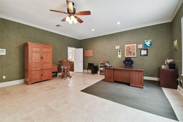 office area with ceiling fan, ornamental molding, and light tile patterned floors