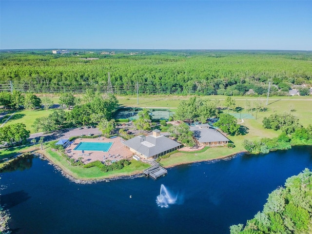 aerial view with a water view and a view of trees