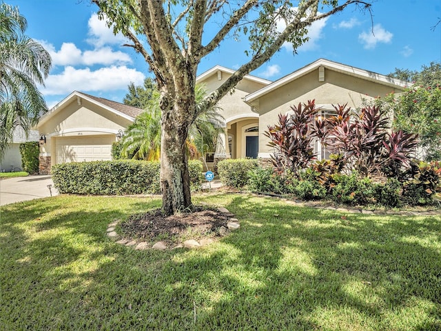 view of front facade with a front yard and a garage