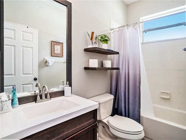 full bathroom featuring shower / bath combination with curtain, toilet, and vanity