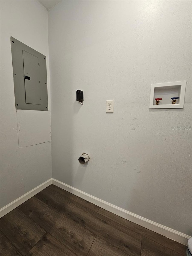 3763 Dartmouth Ave N, Saint Petersburg, FL 33713 - laundry room featuring electric panel, washer hookup, dark wood-type flooring, and baseboards