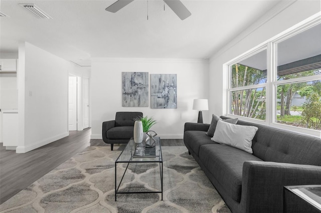 living room with hardwood / wood-style floors and ceiling fan