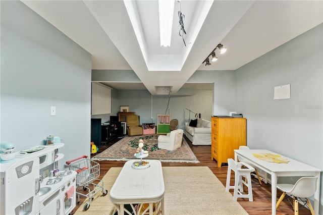 dining room featuring wood-type flooring and track lighting