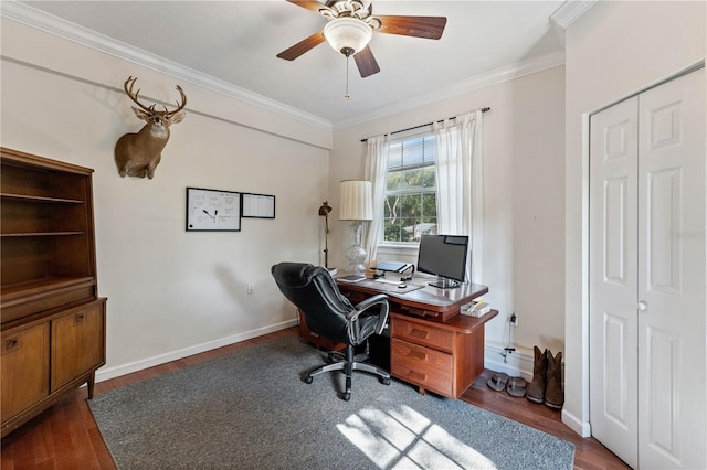 office area with ceiling fan, ornamental molding, and dark hardwood / wood-style flooring