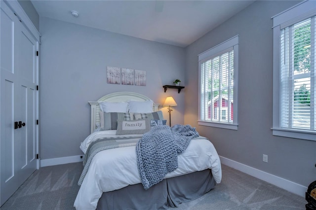 bedroom featuring dark carpet and multiple windows