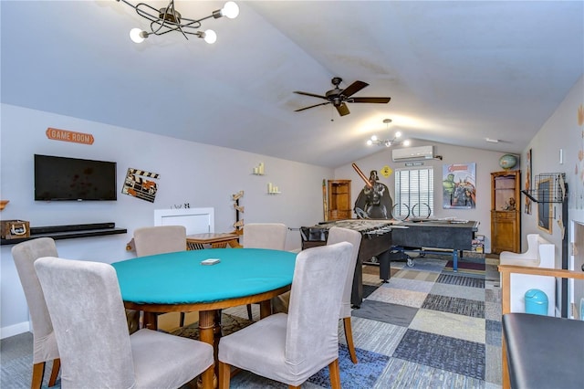 game room with an AC wall unit, carpet flooring, ceiling fan with notable chandelier, and lofted ceiling