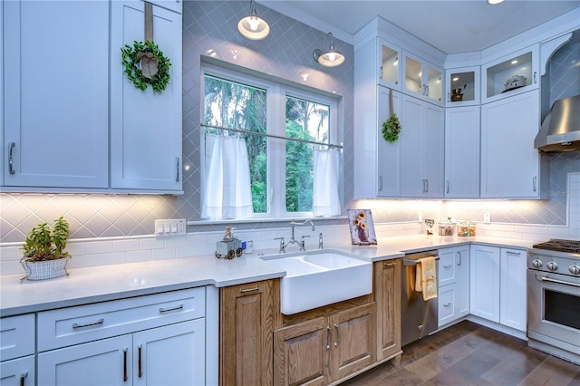 kitchen with dark hardwood / wood-style flooring, tasteful backsplash, stainless steel appliances, sink, and white cabinets