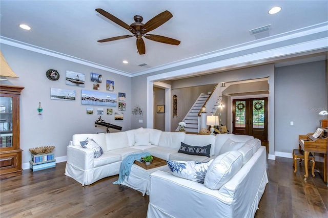 living room featuring crown molding, french doors, ceiling fan, and dark hardwood / wood-style floors