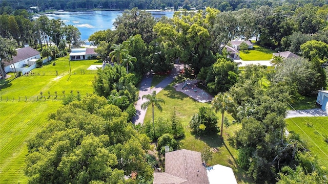 bird's eye view featuring a water view and a rural view