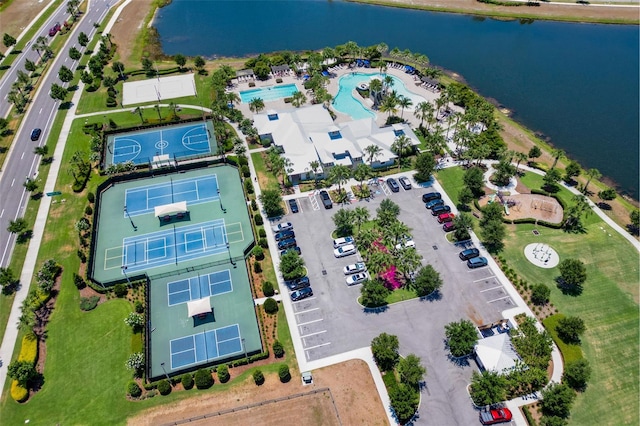 aerial view featuring a water view