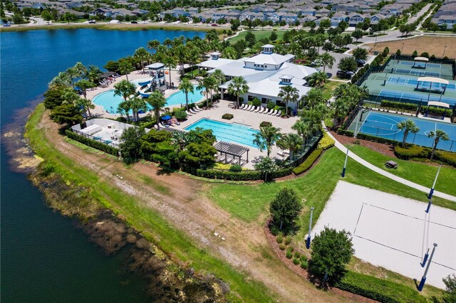 bird's eye view with a water view