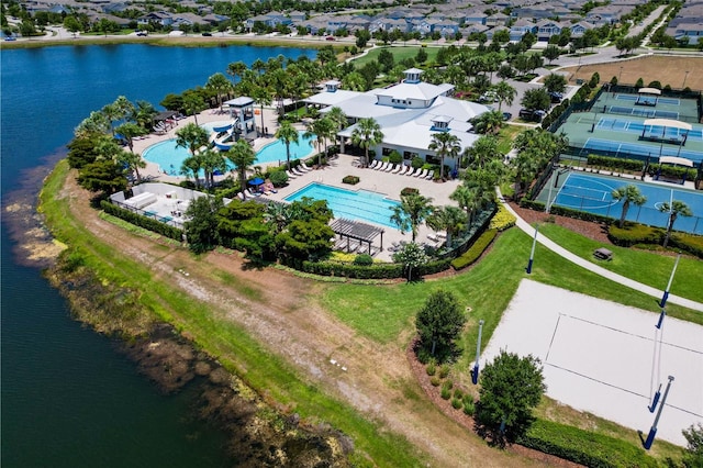 bird's eye view with a water view