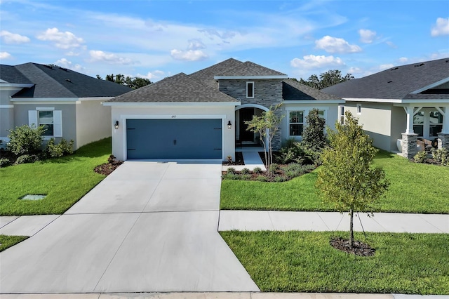 ranch-style house featuring a front lawn, driveway, an attached garage, and stucco siding