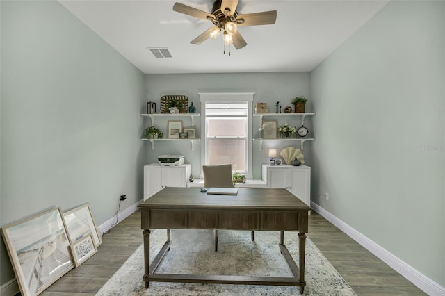 office area with ceiling fan and dark wood-type flooring