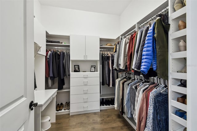 spacious closet with dark hardwood / wood-style flooring