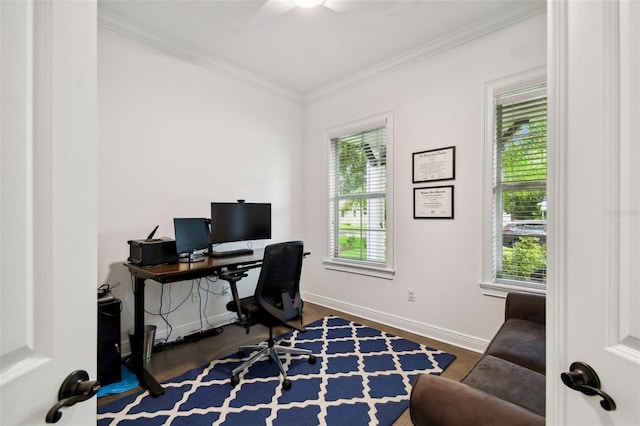 office area featuring dark hardwood / wood-style flooring and ornamental molding