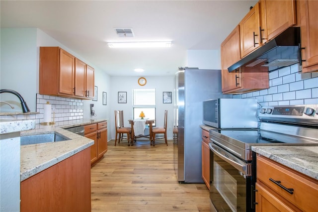 kitchen featuring backsplash, stainless steel appliances, sink, and light hardwood / wood-style flooring