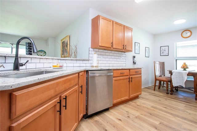 kitchen featuring backsplash, stainless steel dishwasher, light hardwood / wood-style floors, and a healthy amount of sunlight