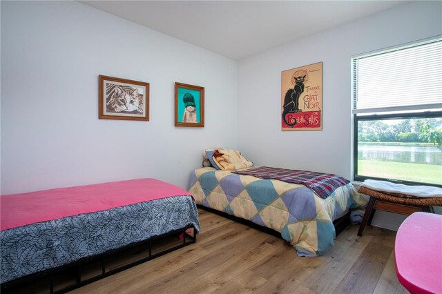 bedroom with wood-type flooring and multiple windows