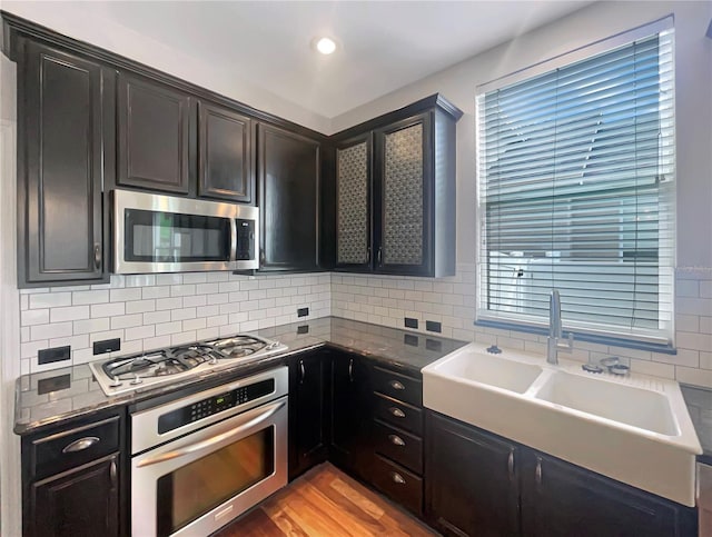 kitchen with light wood-type flooring, stainless steel appliances, decorative backsplash, a sink, and dark countertops