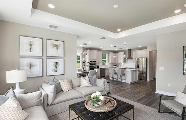 living room with a raised ceiling and dark wood-type flooring