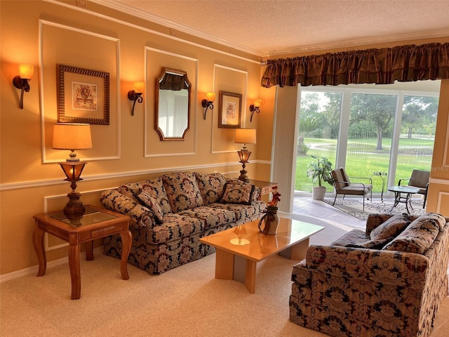 living room with crown molding, light carpet, and a textured ceiling