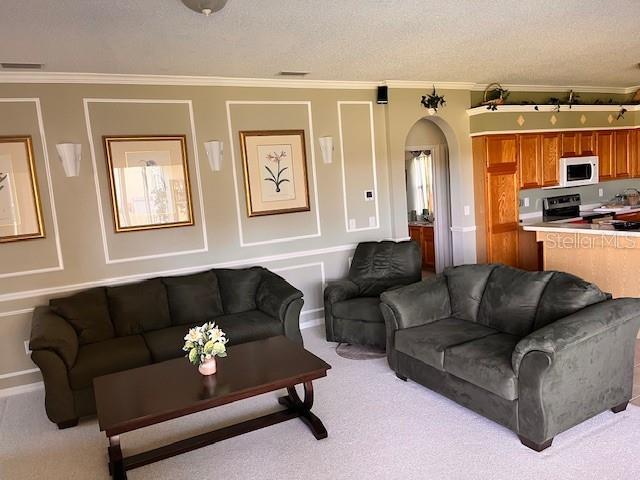 living room featuring light colored carpet, a textured ceiling, and crown molding