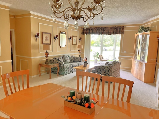 dining area with crown molding, light colored carpet, and a notable chandelier