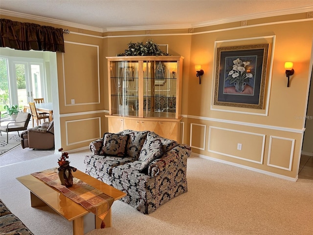 carpeted living room featuring ornamental molding