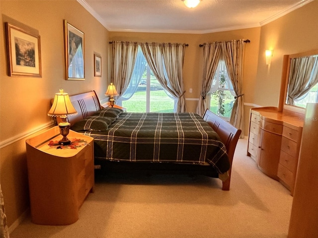 carpeted bedroom featuring multiple windows and crown molding