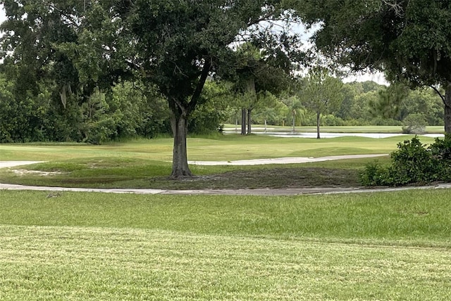 view of community featuring a yard and view of golf course