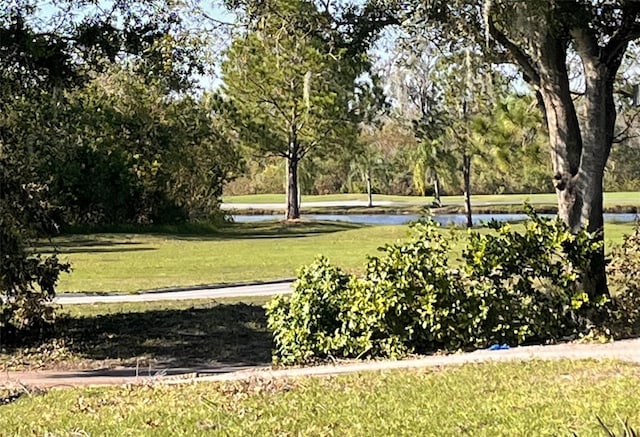 view of community featuring a yard and a water view