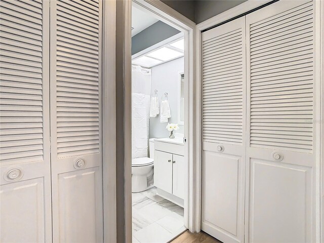 bathroom with toilet, vanity, and wood-type flooring