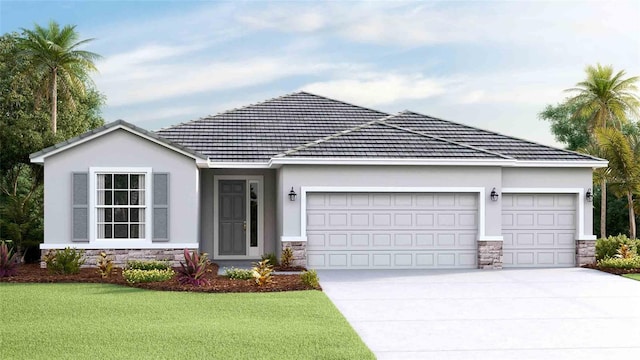 ranch-style home featuring a garage, stone siding, concrete driveway, stucco siding, and a front lawn