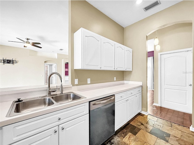 kitchen with ceiling fan, stainless steel dishwasher, wood-type flooring, white cabinets, and sink