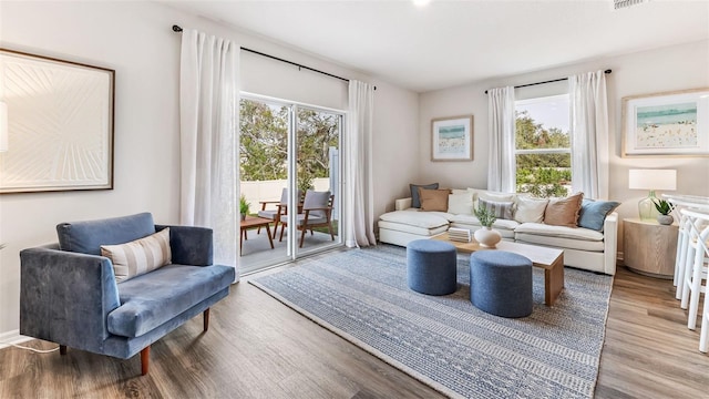 living area with light wood-type flooring and a healthy amount of sunlight